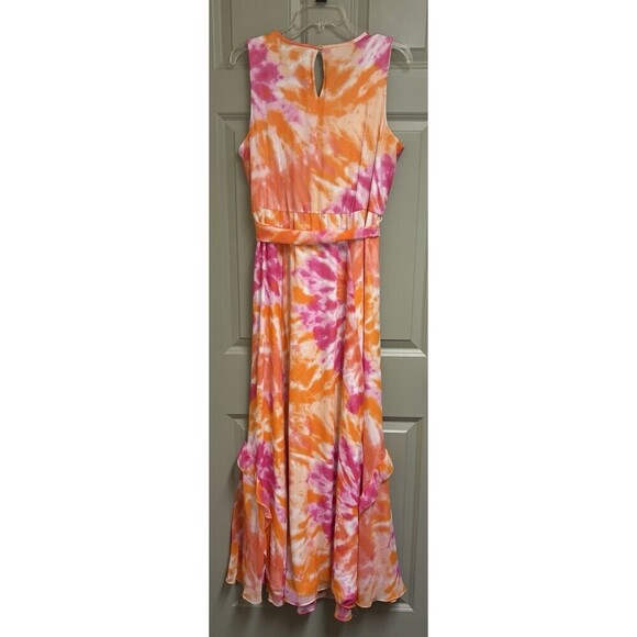 CALVIN KLEIN Tie Dye Chiffon Maxi Dress Women Large Orange Pink Tie Waist Ruffle - Picture 3 of 13